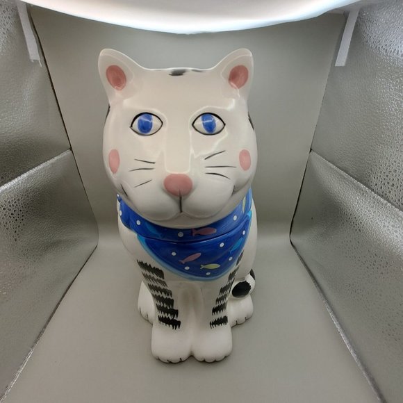 Coco Dowley Smiling Cat Cookie Jar Fish Bib Kerchief White Tabby Kitty 12" High - Picture 2 of 16